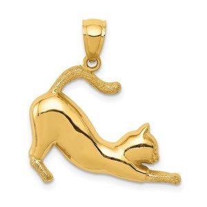 14k Yellow Gold Stretching Cat Necklace Charm Pendant, Animal Feline Theme